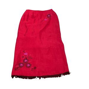 Clio Womens vintage Red Silk Embroidered Maxi Pencil Skirt 8P Beaded Hem Boho